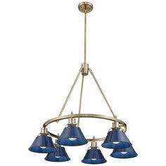 a chandelier with five blue shades hanging from it's center point and four lights on each side