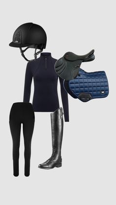 the equestrian outfit is shown with boots and riding gear