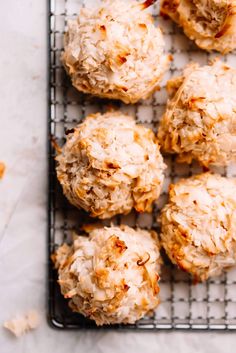 coconut macaroni and cheese balls on a cooling rack