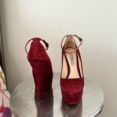 Original Prada Iconic Babydoll Heels. Excellent Condition! Only Worn Inside Of The House. Minimum Signs Of Use. Includes Box And Dust Bag. Size: 39 (Fits Like An 8 Or 8.5). Material: Suede In Burgundy Color. Comes With Original Box. Babydoll Heels, Prada Wedges, Prada Red, Shoes Prada, Prada Shoes, Burgundy Color, Shoes Women Heels, Baby Dolls, The House