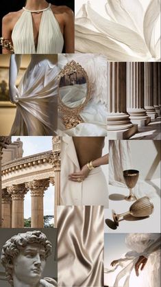 a collage of images with white and gold colors