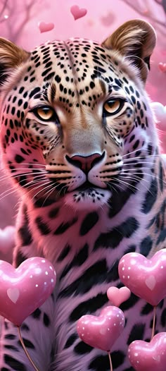 a painting of a leopard surrounded by pink heart shaped balloons in the shape of hearts