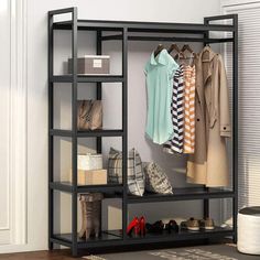 an open closet with shoes and clothing hanging on the rack, next to a door