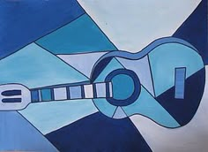 an abstract painting of a guitar on a blue and white background