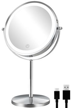 a round mirror on a metal stand with an extension cord to plug in the charger