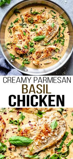 creamy parmesan basil chicken in a skillet