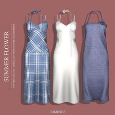 three dresses are shown in different colors and sizes, one is white, the other is blue