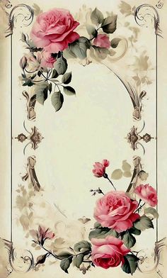 an ornate frame with pink roses and leaves on the edges is featured in this image