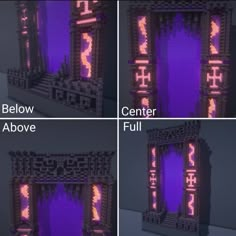 four different views of a building with purple light in the window and below it, there is