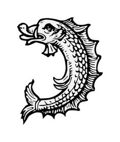 a black and white drawing of a fish with its mouth open in the shape of the letter c