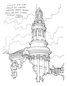 an ink drawing of a building with a clock tower on it's side and clouds in the background