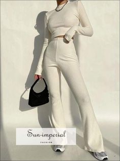 Women Beige High Neck Ribbed Long Sleeve Crop top and Stretch Waist Ribbed Flare Trousers Co-ord Two Flare Pants Outfits, Flare Pants Set, Sweater Inspiration, Find My Style, Basic Crop Top, Ribbed Flares, Wish Board, Trouser Co Ord, Beige Top