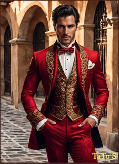 Red & Gold broidererd Tuxedo. Lapels and Vest embroidered in gold. #art #artwork #digitalart #arta #canvas #myart #myartwork #creative #creativity #cuteguys #fashion #Spain # style #stylish #Red #gold Fashion Spain, Spy Outfit, Spain Style, Gold Suit, Men Stylish Dress, Fashion Suits For Men, African Men Fashion, Lace Evening Dresses, African Men