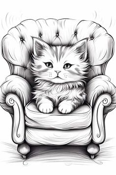 a black and white drawing of a cat sitting in a chair