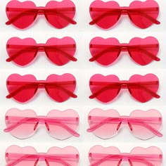 heart shaped sunglasses with pink frames and clear lenses, all in different shapes and sizes