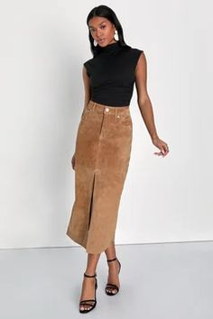 Fall Clothing for Women | Fall Outfits | Fall Clothes | Fall Dresses - Lulus Cute Fall Church Outfits, Brown Skirt Outfits, Brown Skirt Outfit, Church Outfit Fall, Suede Midi Skirt, Maxi Skirt Fall, Church Fits, Pencil Silhouette, Brown Skirt