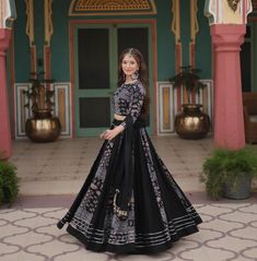 Traditional Black Printed Navratri Chaniya Choli for Women, Navratri Choli, Festive & Wedding Wear Lehenga, Navratri Garba lehenga Choli, Ship to USA, Navratri lehenga for women, Women Lehenga choli dress, women tradition lehenga. 👉🏻 Lehenga :- Lehenga :- (Full-Stitched) Fabric & Work :- 14 Kg Printed Rayon With Gota Patti Lace And Printed Kali Pattern. Length :- 42'' Waist :- 42''  Inner :- Cotton Flair  :-  5 Mtr Closure :- Chain Attached & With Dori Latkan Stitching Type :- Kali Pattern 👉🏻 Blouse:- Blouse :- (Full-stitched) Fabric & Work :- 14 Kg Printed Reyon With Petch and Kodi Lace. Size :- 40''Stitched (User can Alter upto 42''-44'') Neck :- Round Neck   Sleeves :- Full Sleeves 👉🏻 Dupatta:-  Fabric & Work:- 14 Kg Printed Rayon Petch With Kodi Lace. Length:- 2.3 Mtr 👉🏻 Colour Designer Anarkali Choli For Navratri, Anarkali Choli For Navratri Designer Wear, Festive Black Anarkali Set With Cutdana, Black Anarkali Sharara With Cutdana, Designer Meenakari Sets For Navratri, Black Floor-length Palazzo Set For Festive Occasions, Black Floor-length Festive Palazzo Set, Festive Black Floor-length Palazzo Set, Designer Lehenga With Meenakari For Navratri