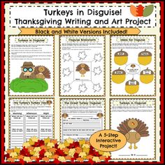 turkeys in disguise thanksgiving writing and art project with pictures on the front, black and white versions included