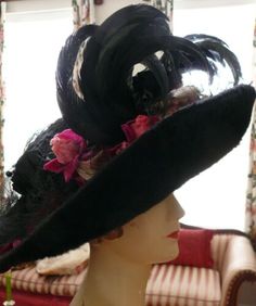 Victorian Hat 1890-1900 X-tra Large Black Beaver Fascinator Show-off Picture Hat | eBay Junk Kouture, Beaded Gloves, Beaver Hat, Edwardian Hat, Victorian Hats, Black Fascinator, Hat Stand, Velvet Flowers, Wonderful Picture