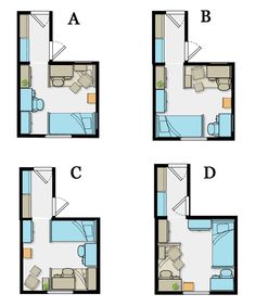 three floor plans for a small apartment with one bedroom and the other living room in it