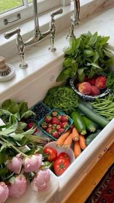 a kitchen sink filled with lots of fresh vegetables