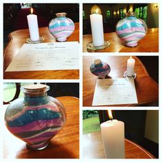 four different views of vases and candles on a table with papers in front of them