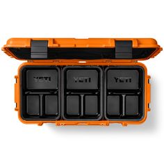 an orange and black case with four compartments