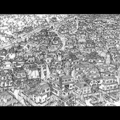 a black and white drawing of a city with lots of houses on the hillsides