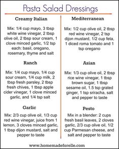 the recipe for pasta salad dressings is shown in red and white, with two different ingredients