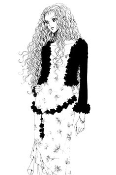 a black and white drawing of a woman with long curly hair wearing a floral dress