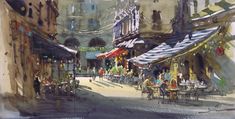 a painting of people sitting at tables in an outdoor cafe area with awnings