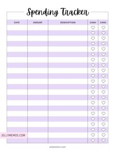 a printable spending tracker with hearts on it