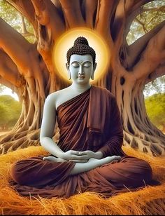 a buddha statue sitting in front of a large tree with the sun shining through it