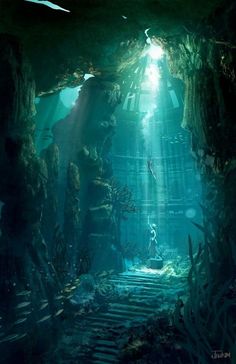 an underwater cave with stairs leading up to the light coming from it's entrance