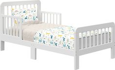 a white toddler bed with blue and yellow sheets