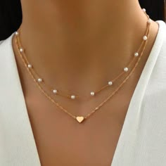 Aesthetic Jewellery, Anthropologie Necklace, Anklet Gold, Double Layer Necklace, Diy Jewelry Necklace, Simple Pearl, Trending Necklaces, Pearl Heart, Jewelry Minimalist