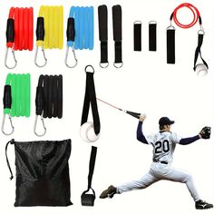 a baseball player holding a bat next to other sports equipment and accessories, including lanyards