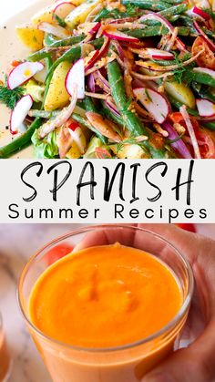 A healthy no mayonnaise salad at the top and a cup of salmorejo at the bottom Spanish Cooking Recipes, Spanish Lunch Ideas, Spanish Vegetables Side, Spanish Dishes Recipes, Spanish Recipes Authentic, Spanish Salad Recipes, Spanish Salads, Spanish Dinner Recipes, Spanish Dinners