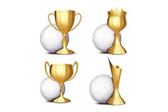 four golden and white volleyball trophies with one ball on each side, the other in different positions