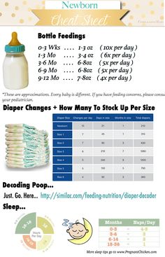 baby bottle feeding chart with instructions for how to pack up the diaper size info sheet