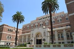 two palm trees in front of a large building