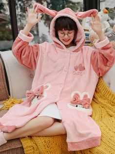 Fabric: polyester Warm up in style with this double-sized, dreamy, and cozy pajama set made from breathable, flannel-like material. Perfect for staying warm in chilly temperatures! Winter Sleepwear, Cozy Pajamas, Pink Bunny, Discount Code, Spreads, Everyday Outfits, Stay Warm, Night Gown, Pajama Set