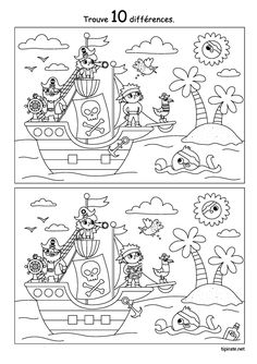 two coloring pages for children with pirate ships