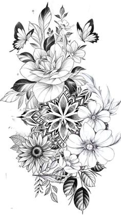 a black and white drawing of flowers with butterflies on it's back side, in the