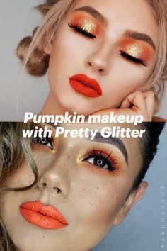 Girly Halloween Makeup Ideas, Makeup For Pumpkin Costume, Jack O Lantern Makeup Pretty, Pumpkin Makeup Tutorial, Pumpkin Costume Makeup Cute, Pretty Halloween Makeup Looks Glitter, Pretty Pumpkin Makeup, Pumpkin Patch Makeup Ideas, Pumpkin Eye Makeup Halloween