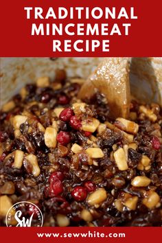 the recipe for traditional mincemeat is shown in red and white with text overlay