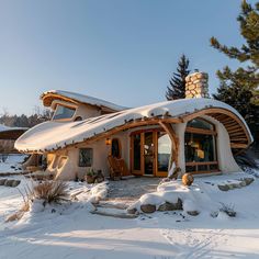 a small house with snow on the roof