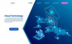 the landing page for cloud technology is shown in blue and pink colors with icons on it