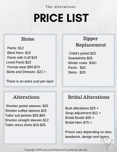 the price list for brides and grooms at their wedding day, with prices listed