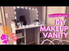 an image of a vanity with lights on it and the words diy makeup vanity